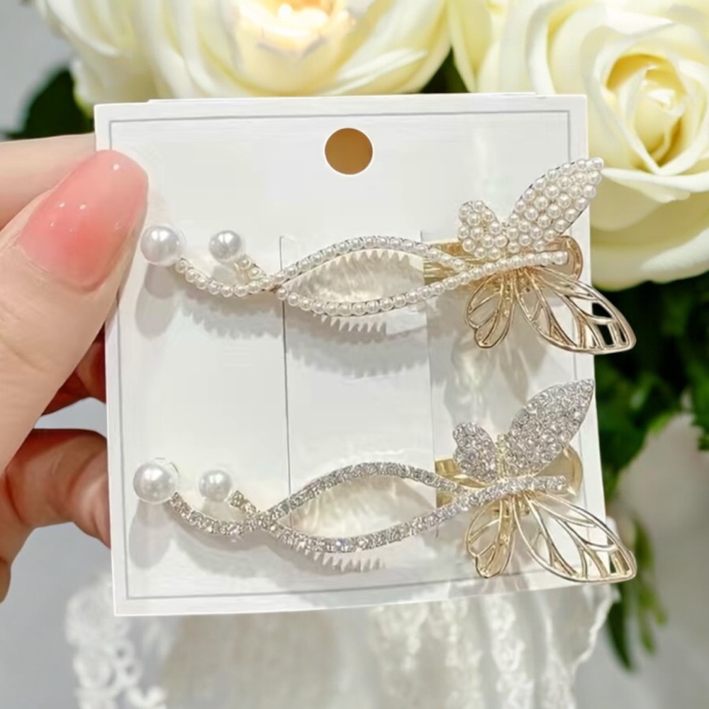 Set Of 2‎ Butterfly Alloy Rhinestone Imitation Pearl Fashion Hair Clips